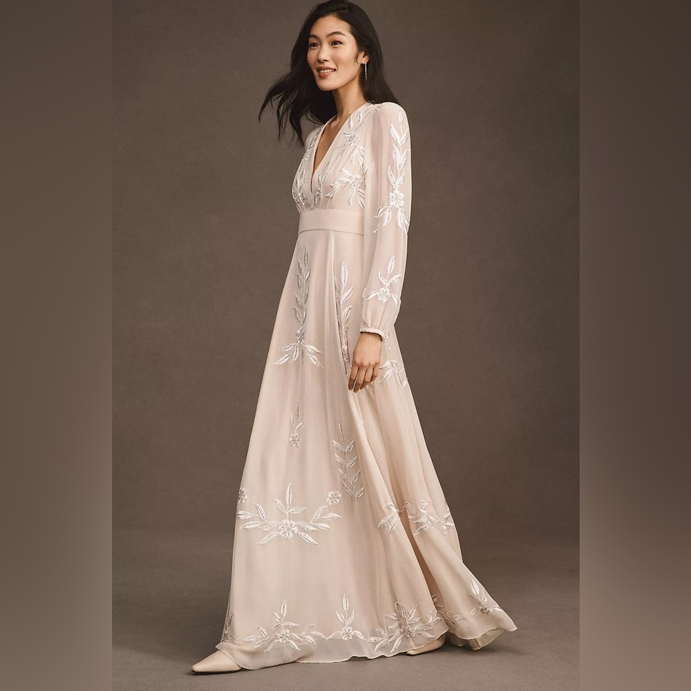 BHLDN Belize Embroidered A-Line Long-Sleeve V-Neck